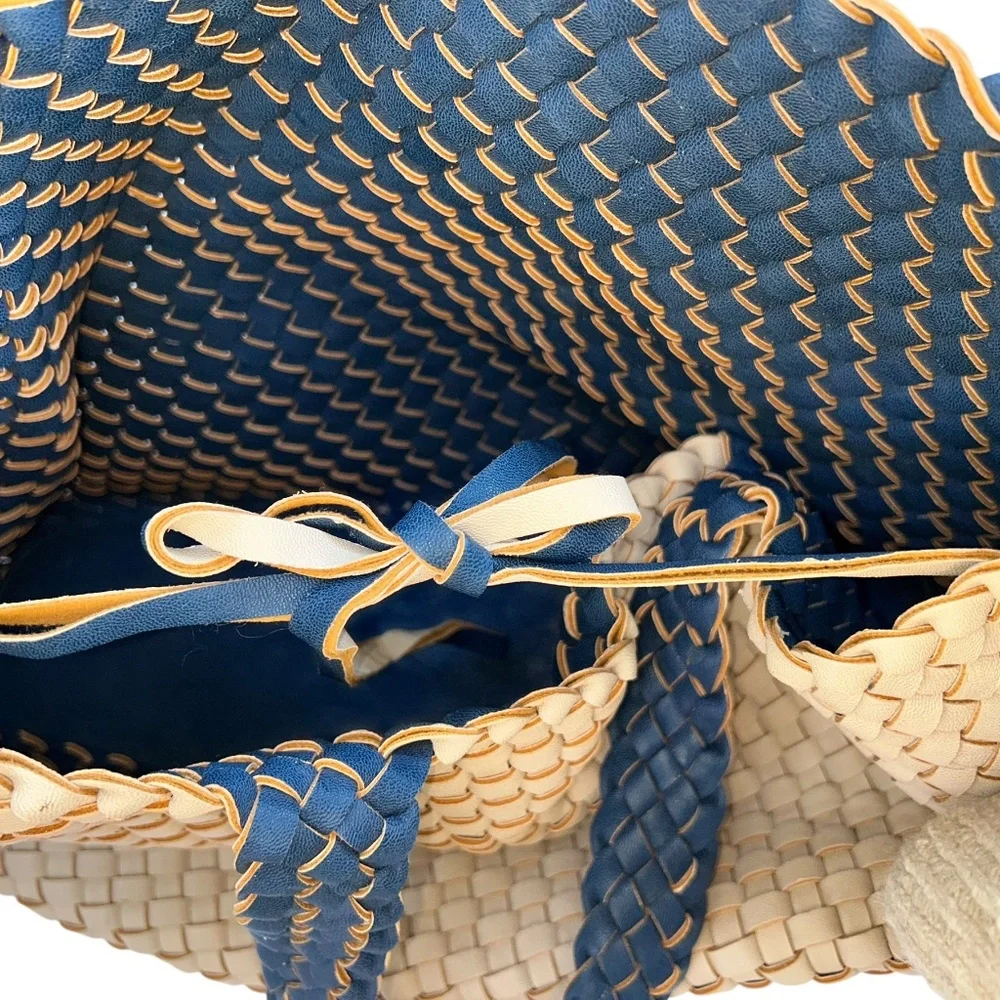Blue bone khaki vegan leather all basket weave woven tote bag purse 40x12